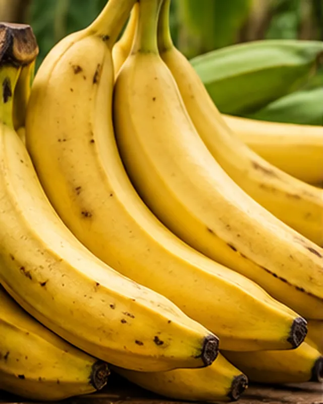 Bunches of ripe yellow bananas on a wooden surface