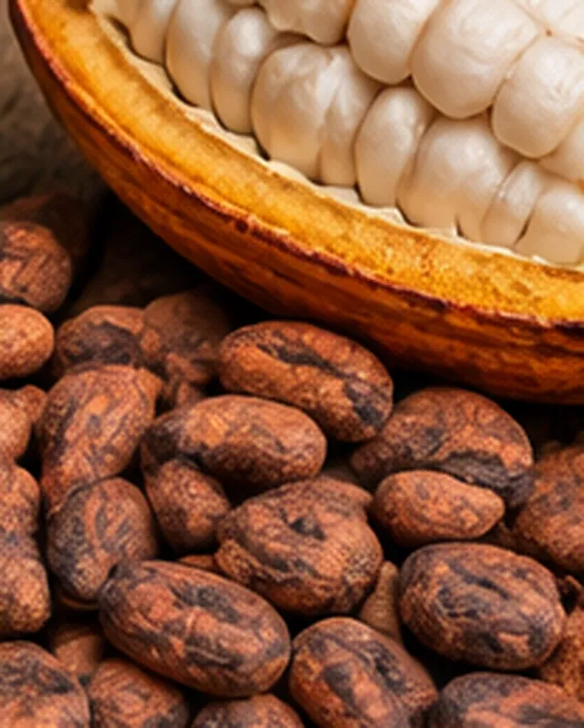 An open cocoa pod showing its white beans, above a pile of dried brown cocoa beans