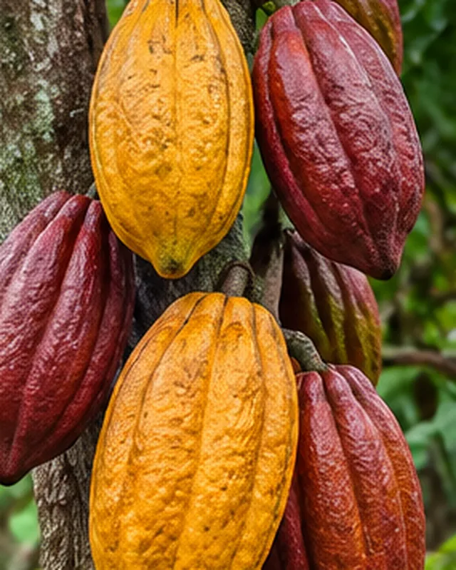 Yellow and deep red cocoa pods growing on a cocoa tree trunk