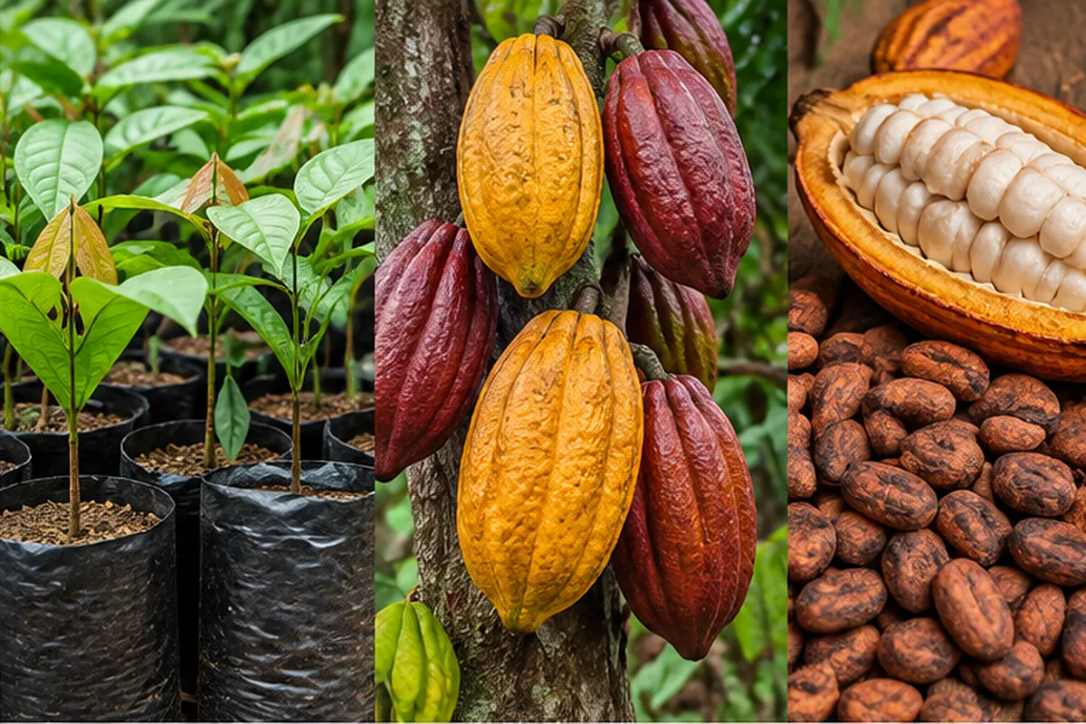 Cocoa seedlings, cocoa pods on the tree, and cocoa beans