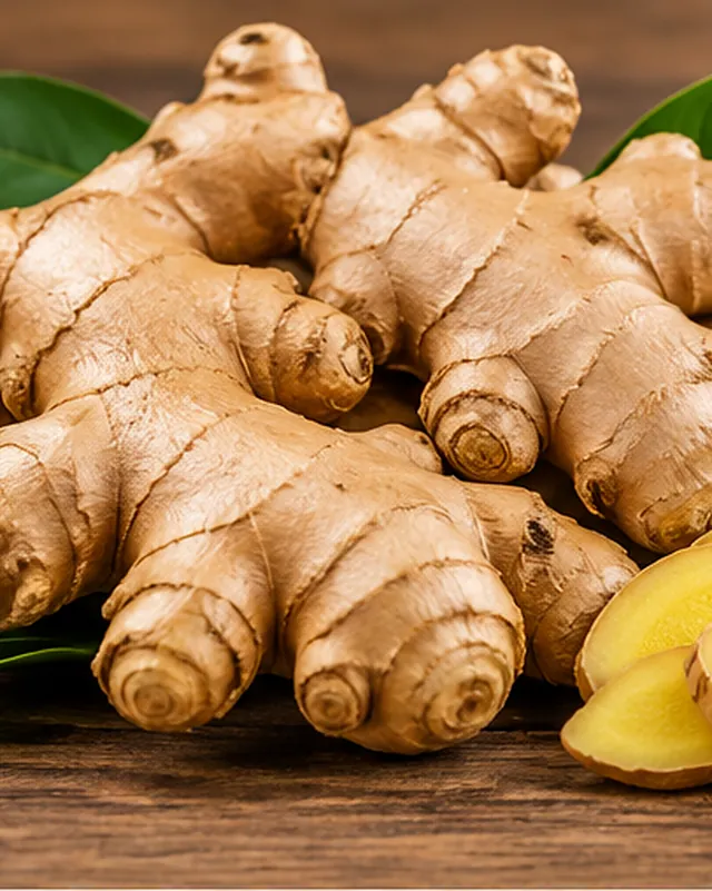Whole fresh ginger roots with sliced ginger beside them