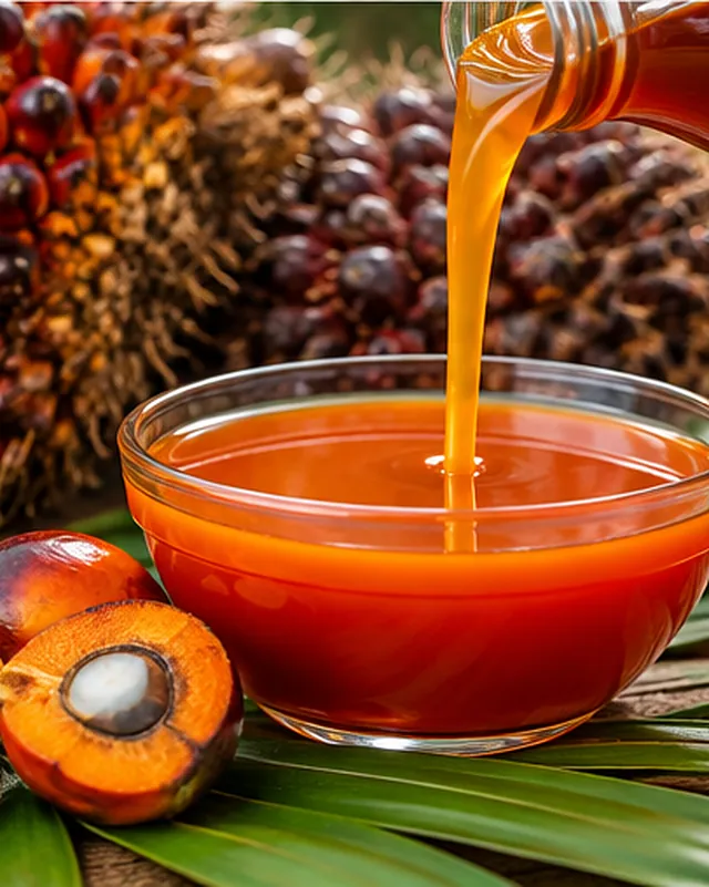 Red palm oil poured into a glass bowl, with palm fruit bunches and a cut palm fruit