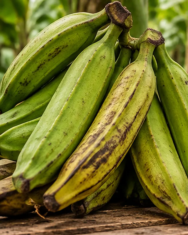 A heap of green plantains on a wooden surface